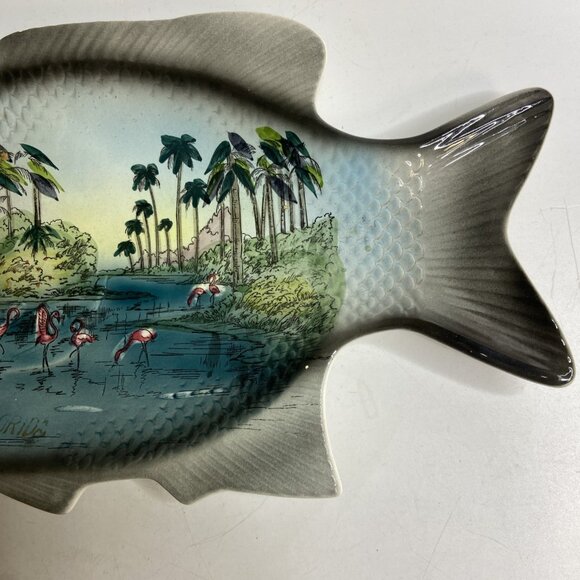 Vntg Kenmar Fish Platter Plate Ceramic Flamingos Palm Trees Tropical Japan 15" - Picture 3 of 8